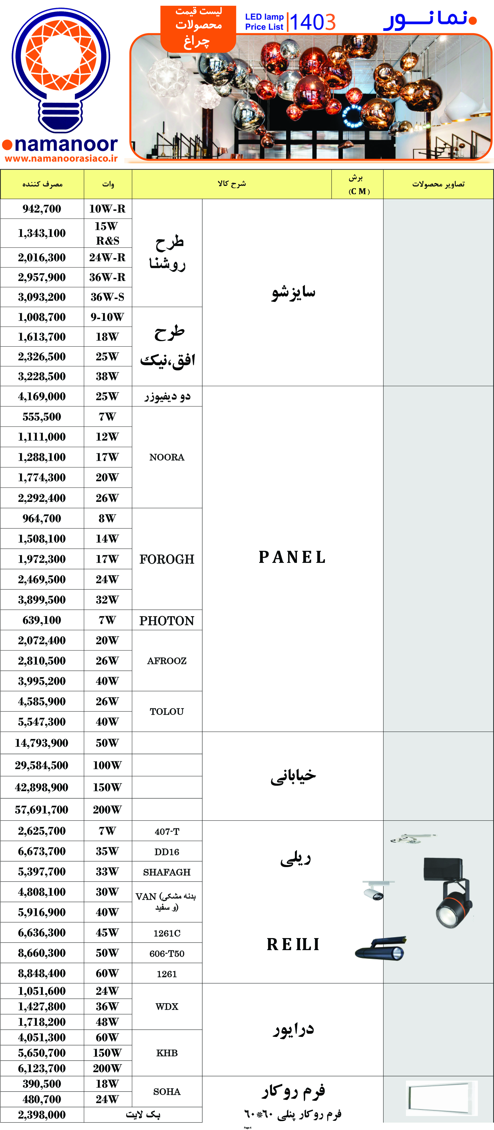 لیست قیمت پنل و چراغهای نمانور