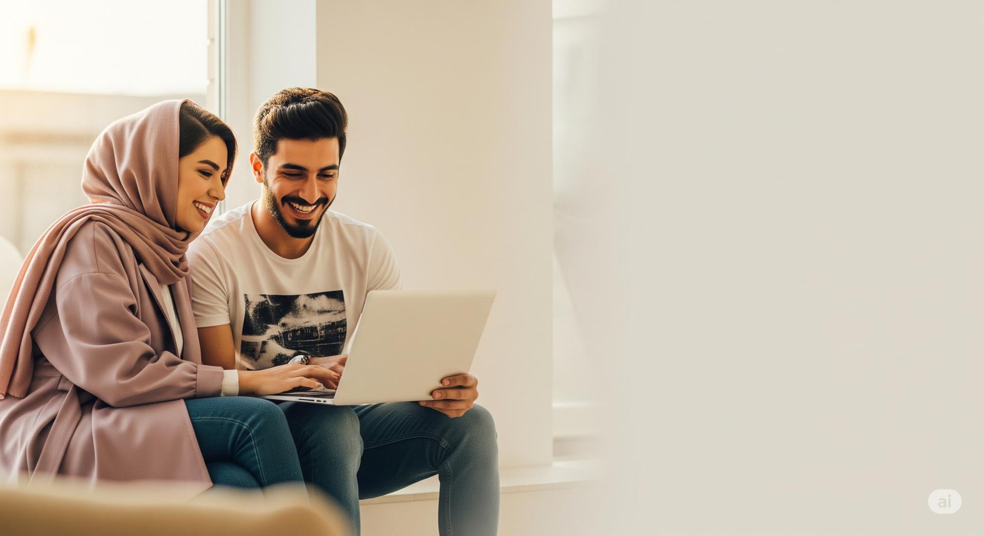 زوج جوان ایرانی خوشحال در حال استفاده از لپتاپ